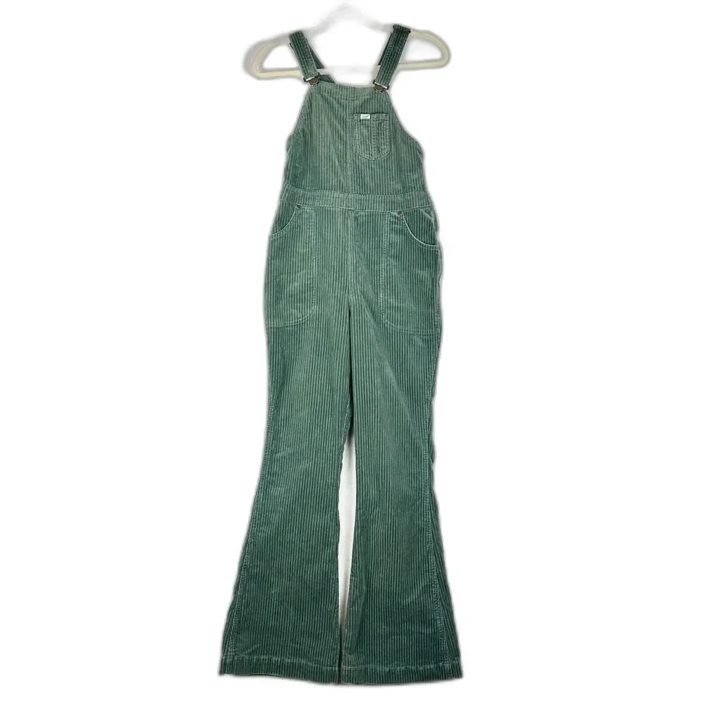 Free People Lee Factory Flare Cord Overalls Size Medium Green Retro Stretch